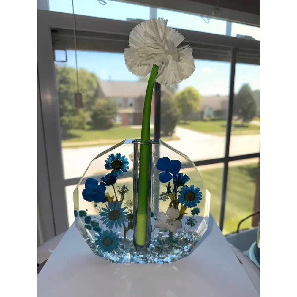 Forever Bloom Blue Meadow Bud Vase Real Pressed Flowers in Crystal Clear Resin
